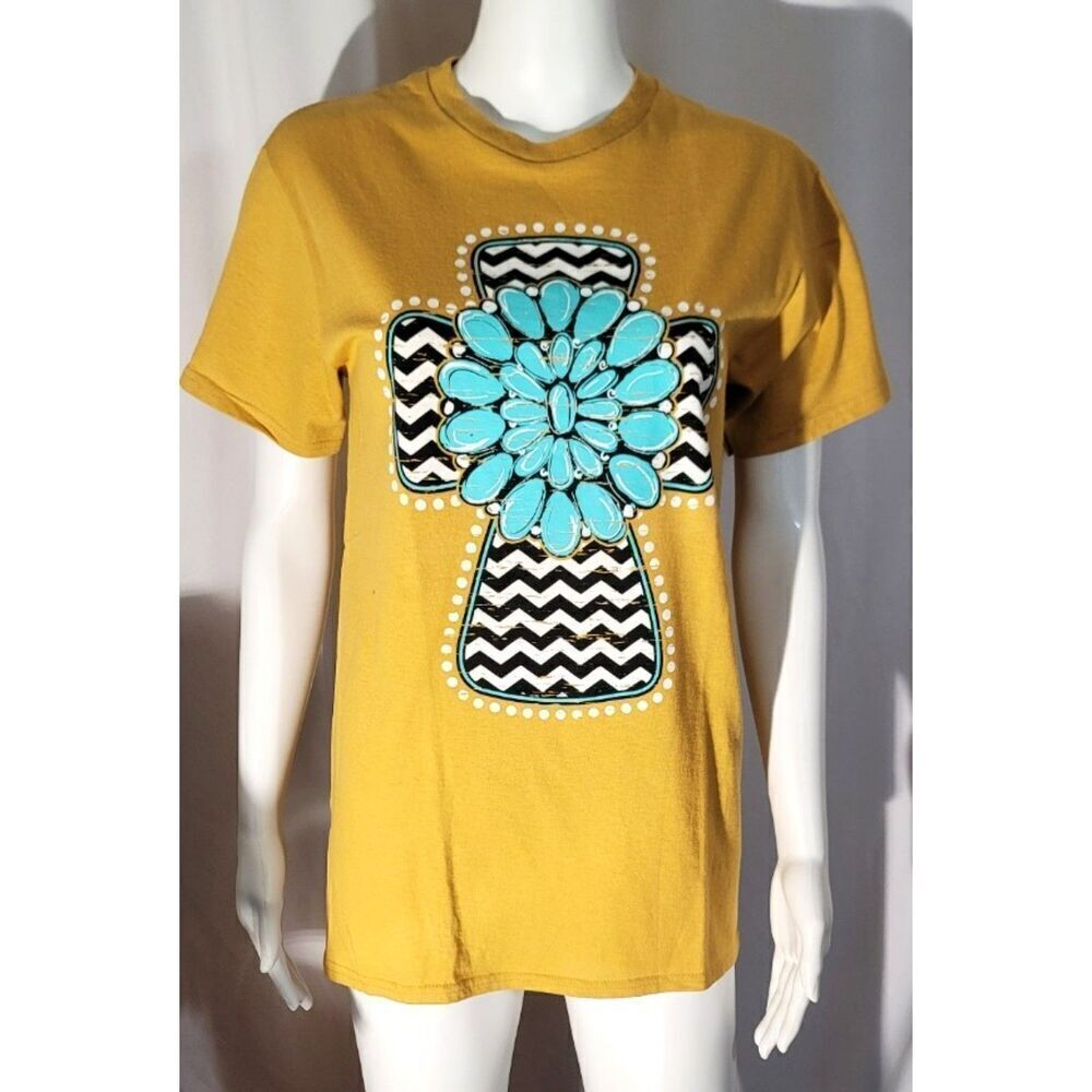 NWOT Boutique Tee Sunflower Yellow Turquois Flower & Zebra Cross - Sz S